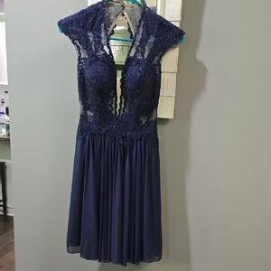 Sherri Hill Blue Backless Evening Dress